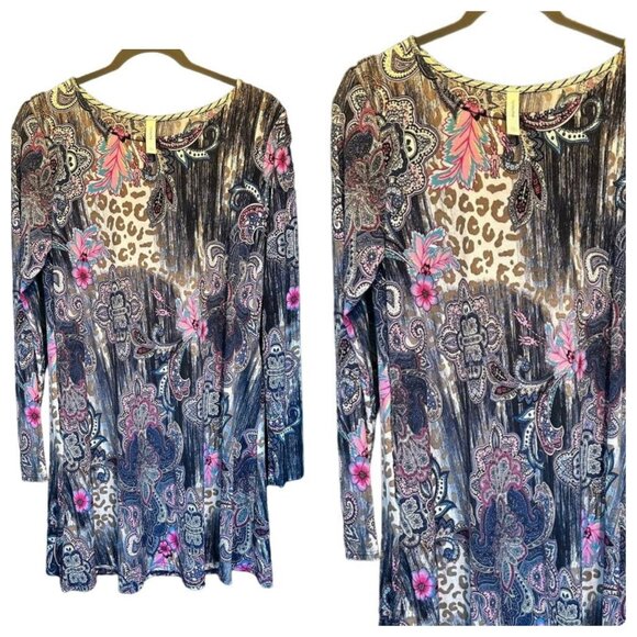 Honey Me Ladies Long Sleeve Purple Cheetah Pattern Scoop Neck Dress SZ Small - Picture 1 of 7